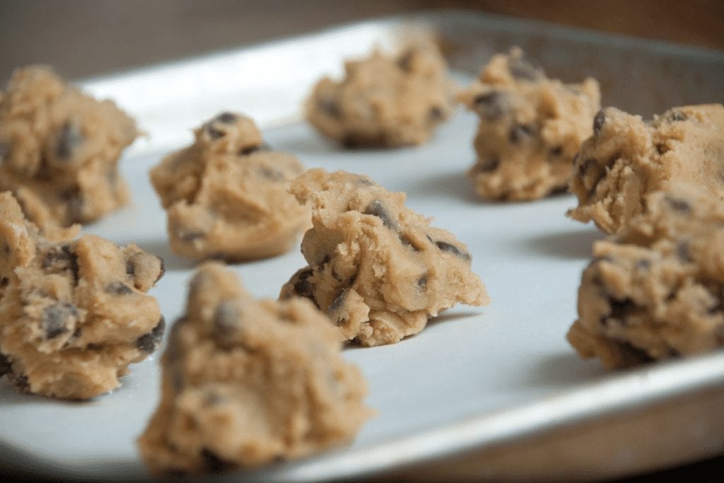 Gluten Free toffee chocolate chip cookies on sheet pan